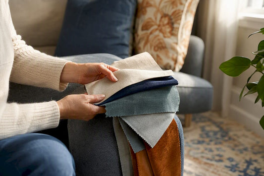 Hands touching upholstery fabric swatches