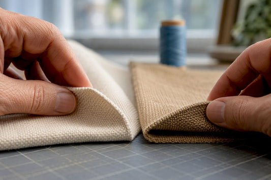 Hands comparing canvas and duck cloth