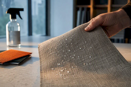 Water droplets beading on protected upholstery fabric