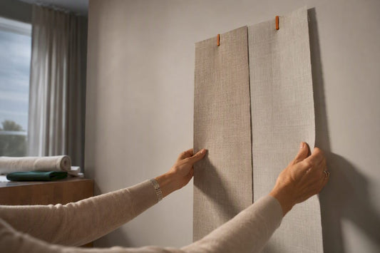 Full-size curtain swatches tested against wall color