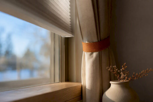 Layered shade and curtain edges by window