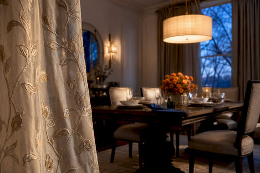 Embroidered curtain framing an elegant dining room