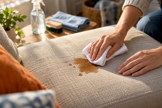 Hands blotting a spill from upholstery fabric