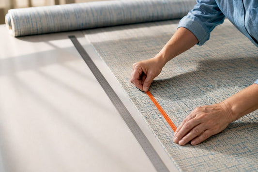 Hands measuring COM fabric for upholstery yardage