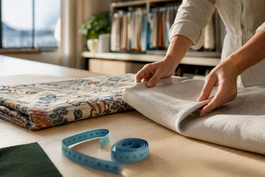 Hands comparing designer and economical fabrics