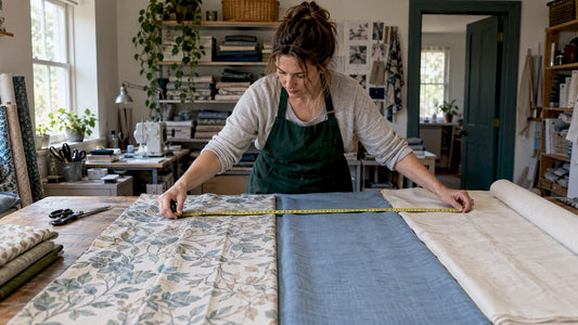 Homeowner measuring curtain fabric yardage