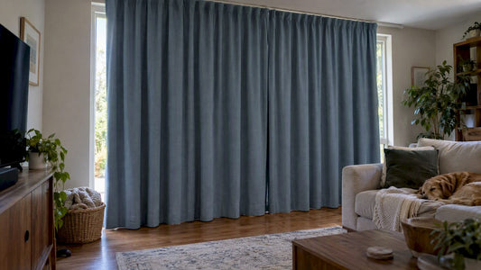 Heavy acoustic curtains covering a living room window