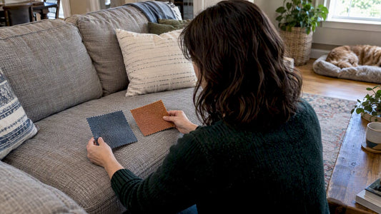 Homeowner comparing upholstery swatches on sofa