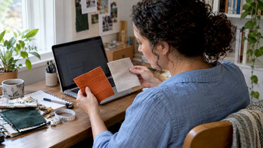 Sewist compares fabric swatches beside laptop