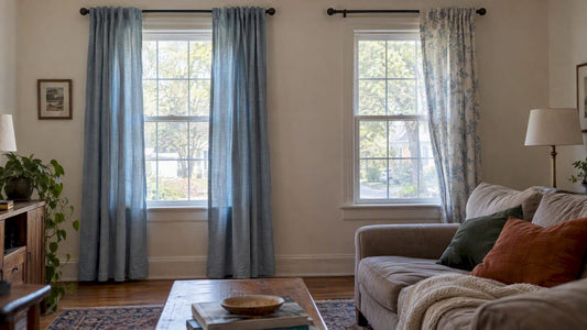 Paired curtains beside a single curtain panel