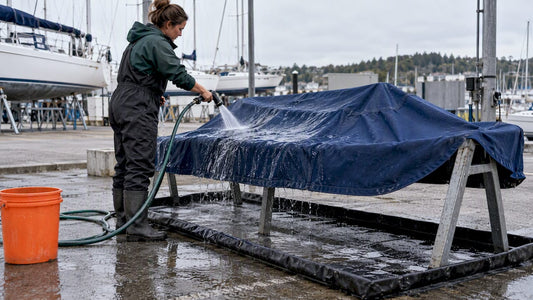 Marine canvas cover rinsed in contained wash area