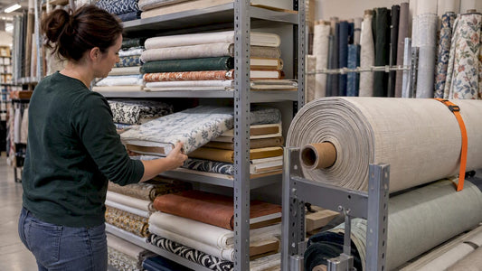 Fabric bolts and a roll in storage