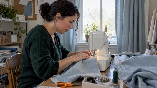 Homeowner sewing a drapery panel