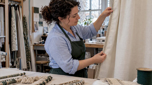 Designer comparing trim with curtain fabric