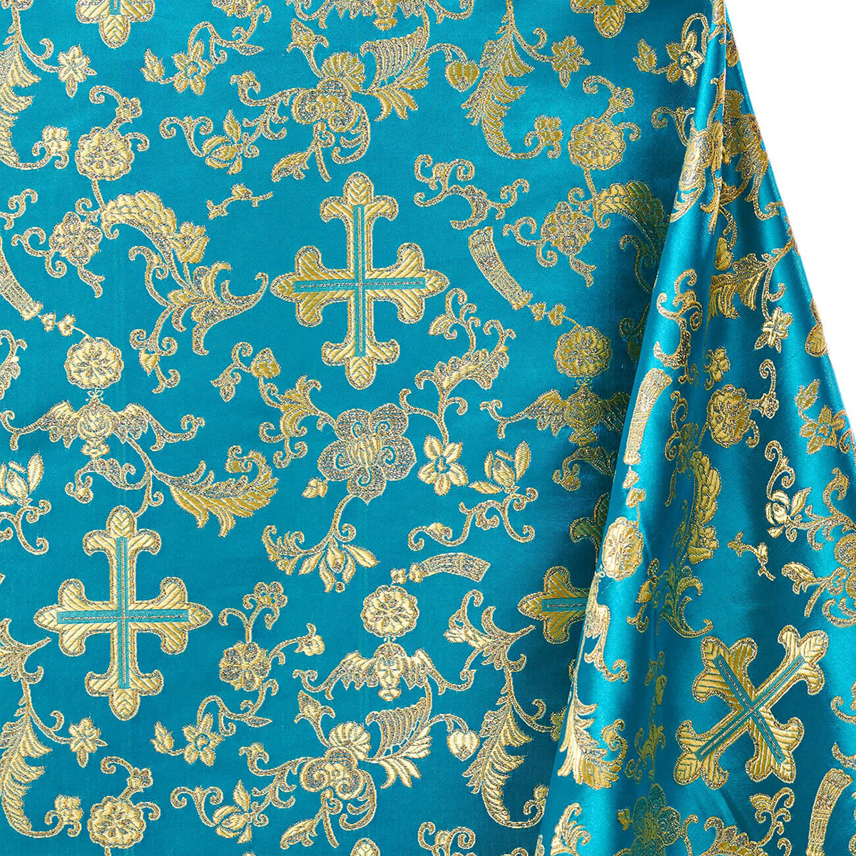 Premium Turquoise Gold Church Cross Brocade Fabric – 58 Wide