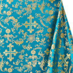 Premium Turquoise Gold Church Cross Brocade Fabric – 58 Wide