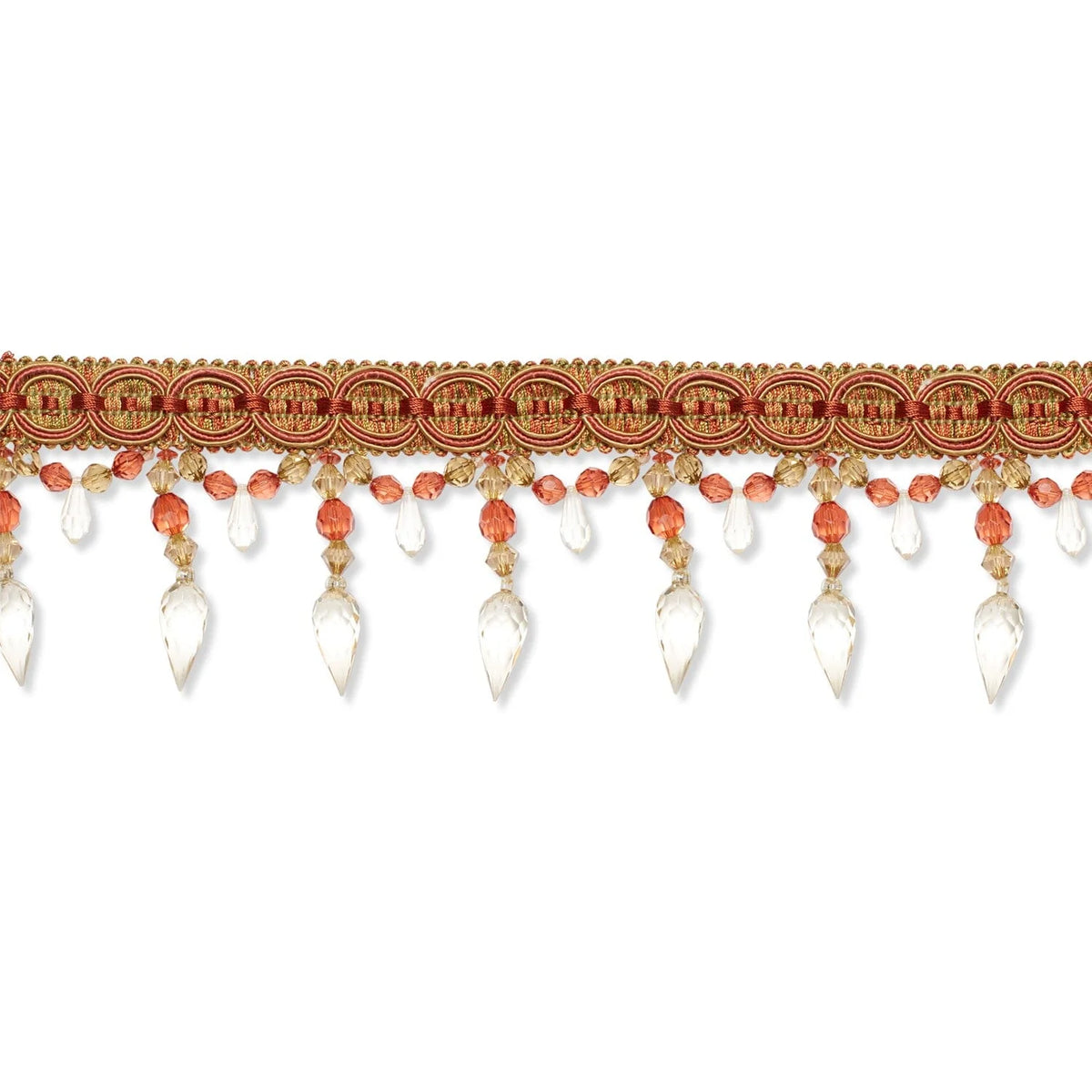 Window Curtain—Diamond—Tassel Fringe—Ribbon 1"Inches—Pink & Gold—Length 1.25 Inches—Width: 4.5 inche—Sold by the Yard