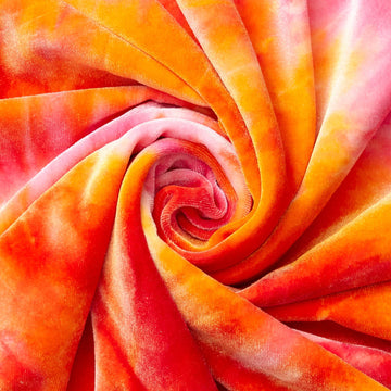 Tie Dye fabric—Red-Orange—90% Polyester, 10% Spandex—Available by the Yard— Width 58/60"—Shipped Across the USA.