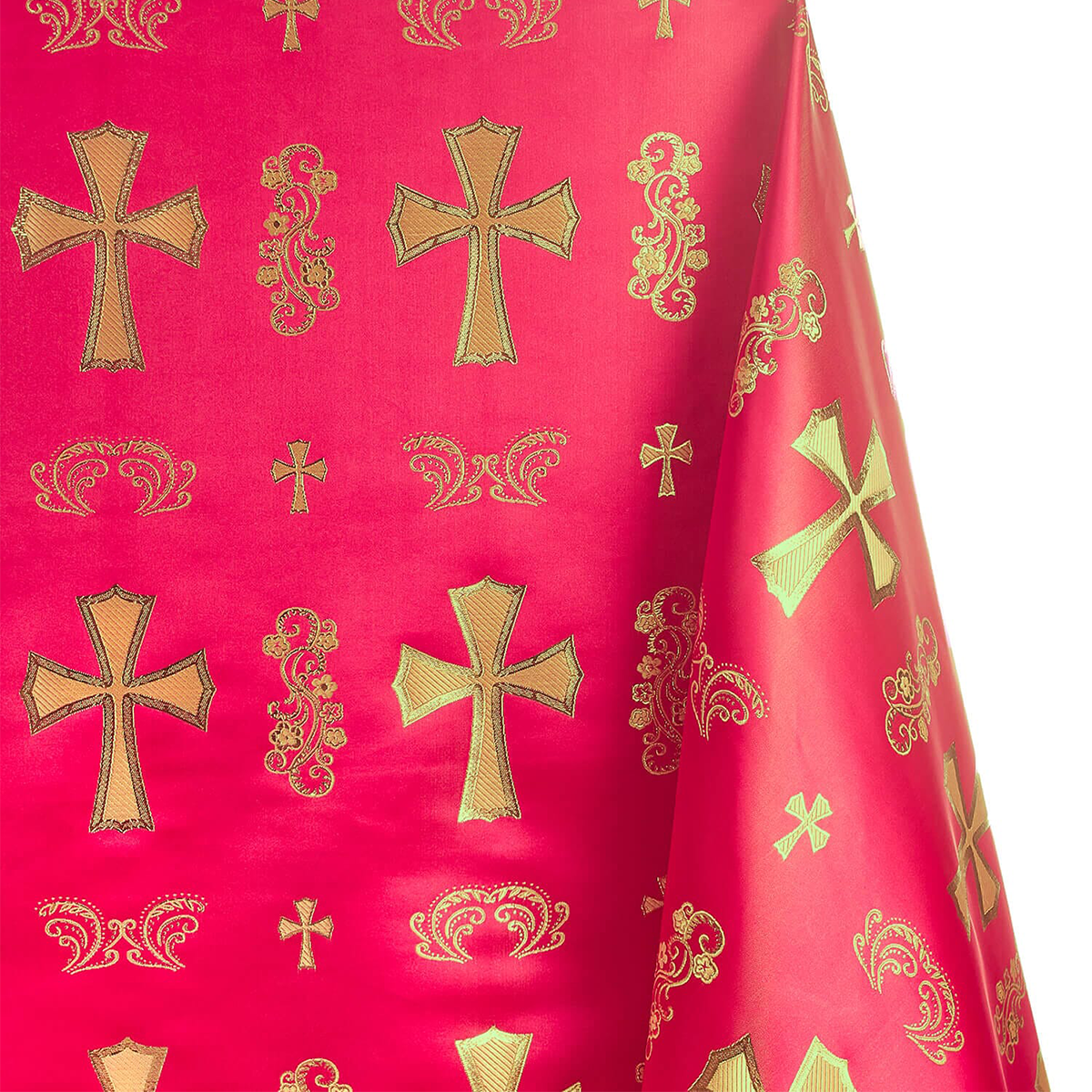 Church Clerical Cross Brocade—Composition: 41% Nylon, 36% Polyester, 23%— Red and Gold Color— 58 Inches Wide—Available  by the Yard—Nationwide Shipping