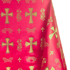 Church Clerical Cross Brocade—Composition: 41% Nylon, 36% Polyester, 23%— Red and Gold Color— 58 Inches Wide—Available  by the Yard—Nationwide Shipping