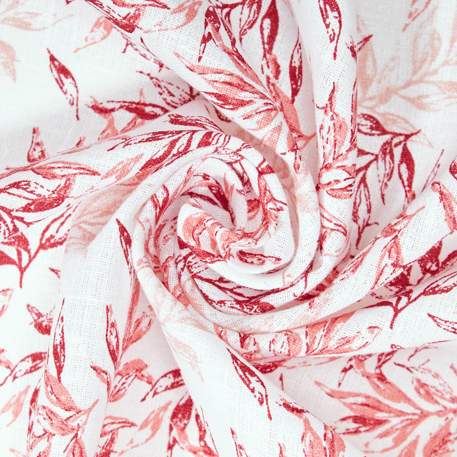Biancheri—White-Red Pebble —Bay Leaf Print Linen Look Fabric—100% Polyester— (58/59 Inch) Wide—Sold by the Yard