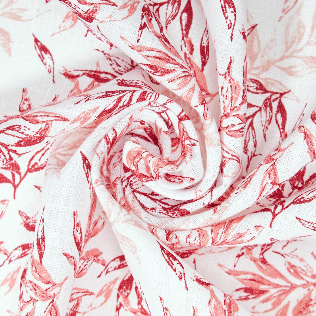 BIANCHERI-WHITE-RED PEBBLE BAY LEAF PRINT LINEN-LOOK FABRIC