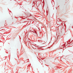  White-Red Pebble upholstery bay leaf print with a linen-look texture. 