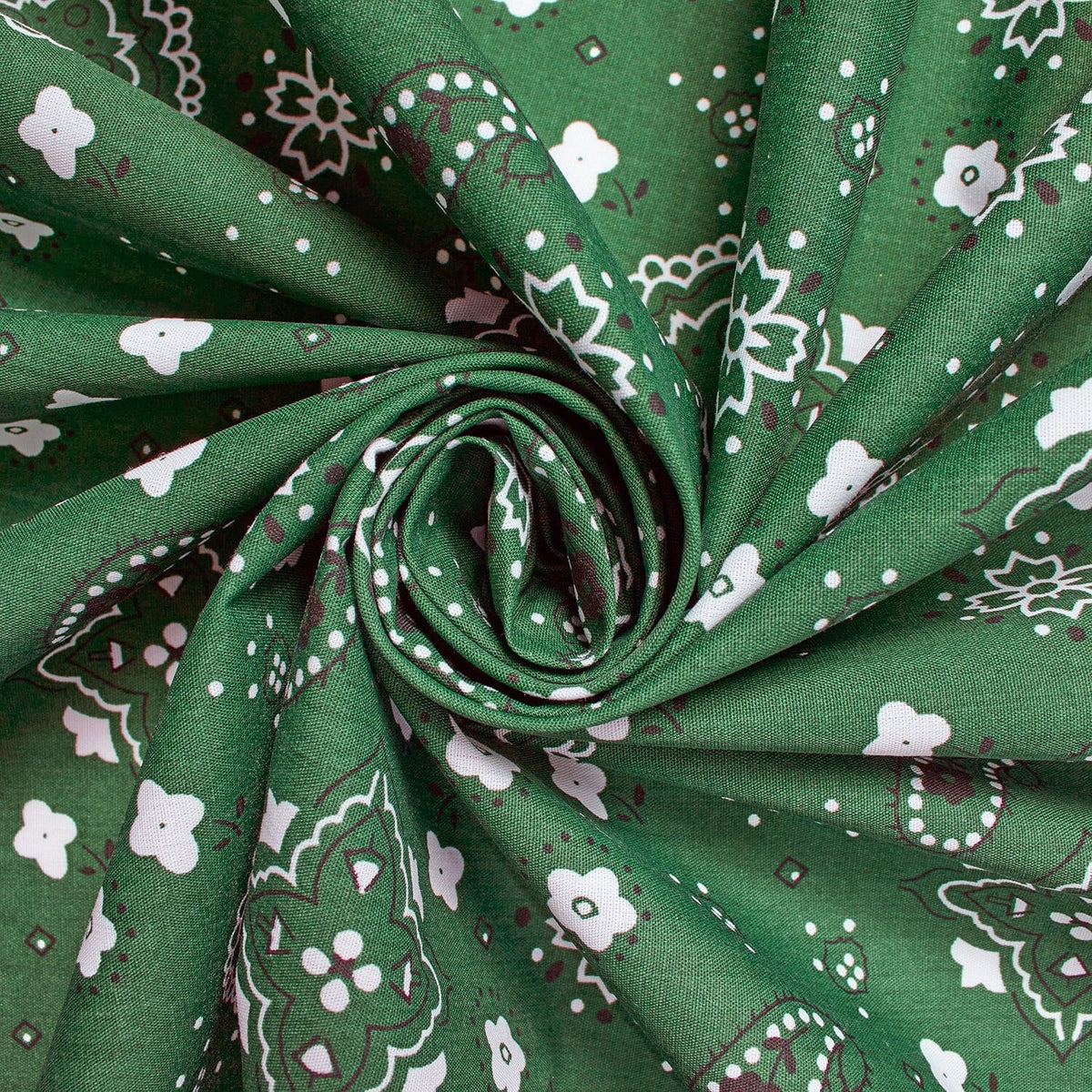 Lightweight Cotton Material—Print Bandana— Cotton Broadcloth—Hunter Green Color—100% Cotton—Multi-Purpose—Available for Nationwide Shipping