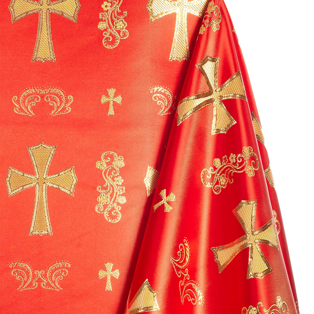 Red fabric with gold crosses and patterns | sold by Beautiful Windows Elgin