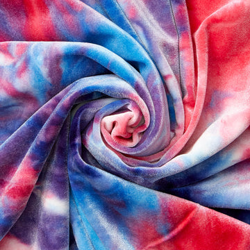 Blue-Red Tie Dye— Stretch Velvet Material—90% Polyester, 10% Spandex— Sold by the Yard— 58/60 inches