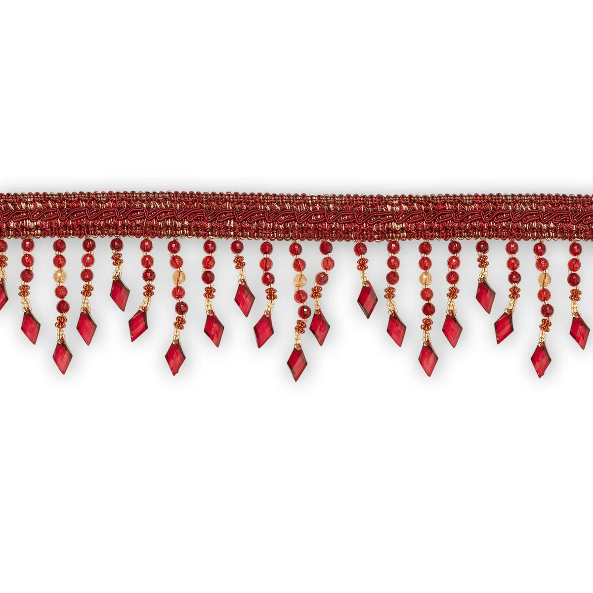 Drapery Beaded—Tassel Fringe—Ribbon 1"Inches—Wine Color—Length 1.25 Inches—Width: 4.5 inche—Sold by the Yard