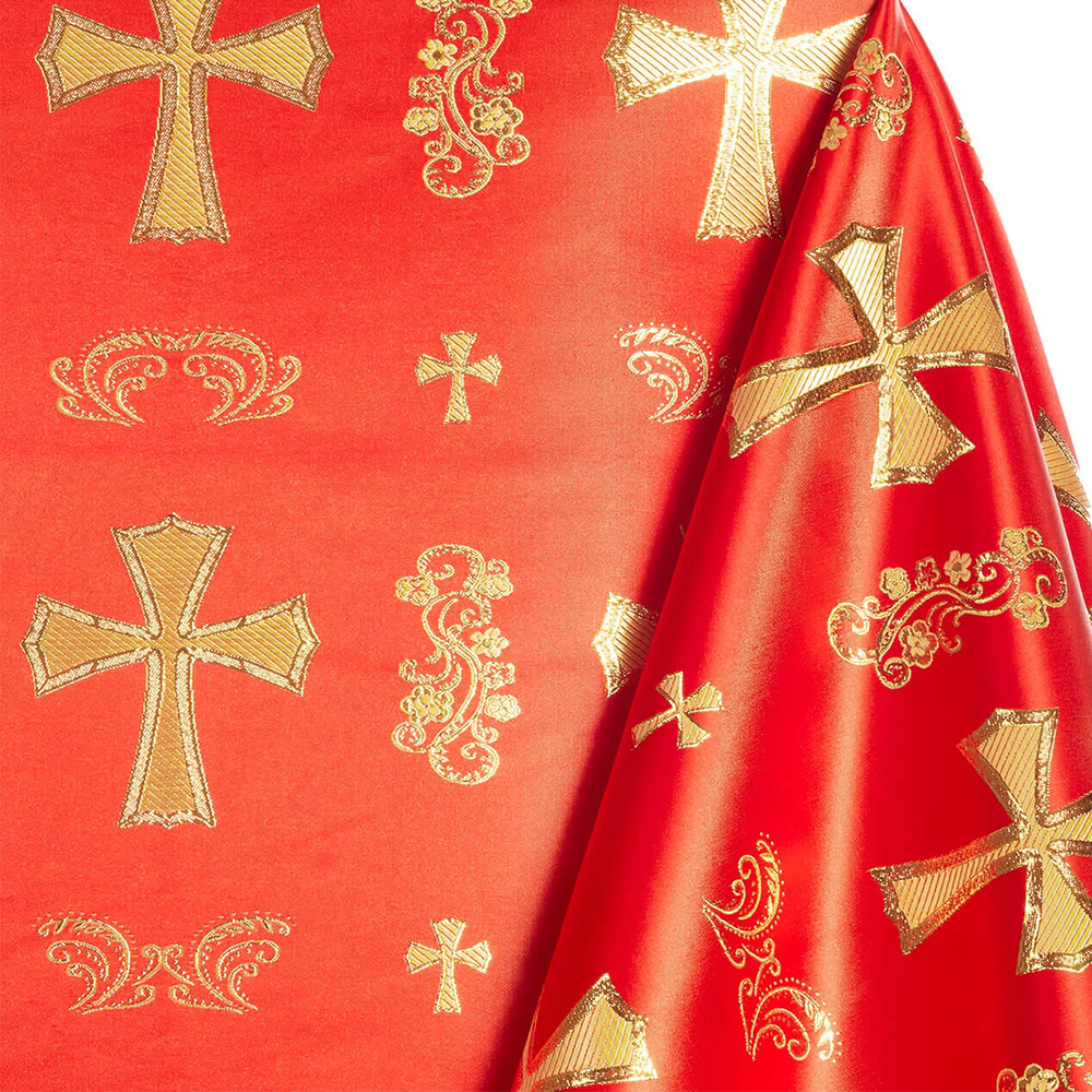 Red fabric with gold crosses and decorative patterns | sold by Beautiful Windows Elgin