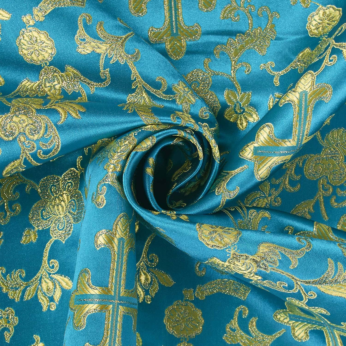 Premium Turquoise Gold Church Cross Brocade Fabric – 58 Wide