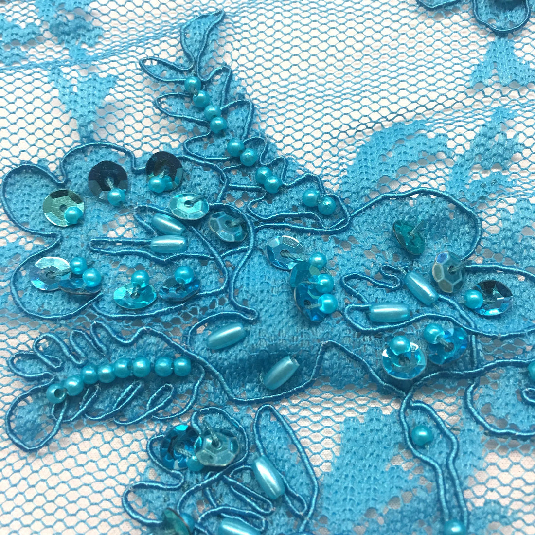 FRENCH  QUEEN TURQOISE BEADED LACE MATERIAL