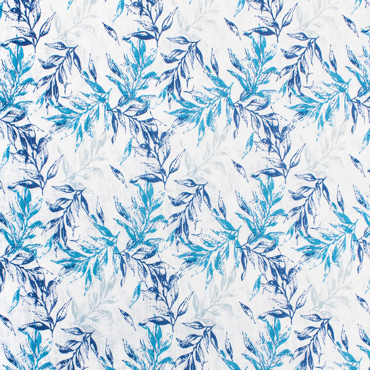HEIRLOOM WHITE-BLUE BAY LEAF PRINT LINEN-LOOK MATERIAL