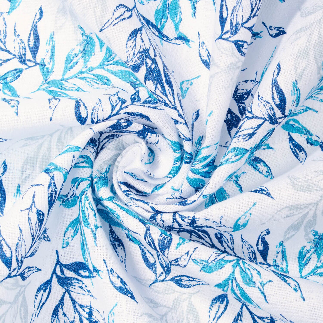 HEIRLOOM WHITE-BLUE BAY LEAF PRINT LINEN-LOOK MATERIAL