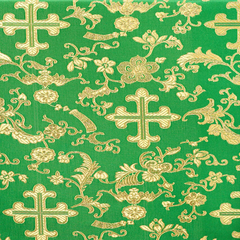 Exquisite Kelly Green / Gold Color Polyester Blend Brocade Fabric