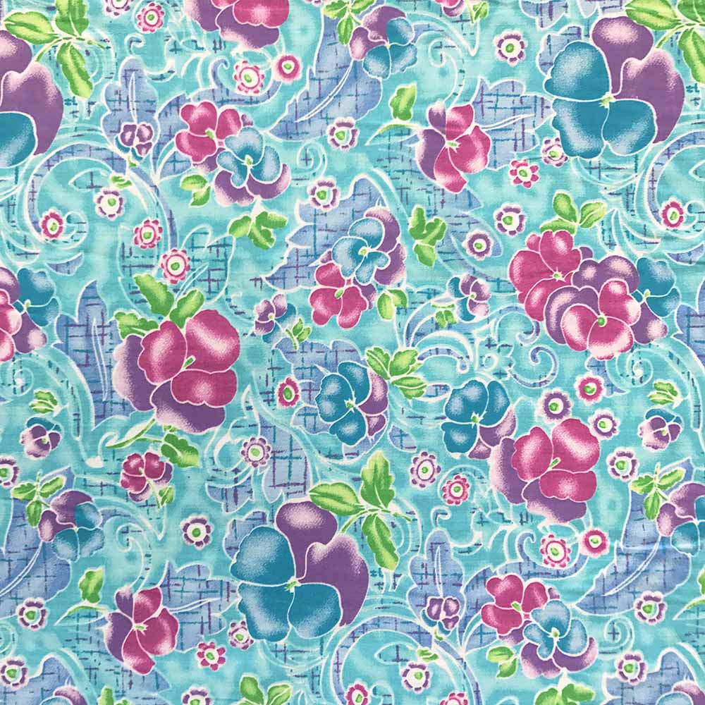 LODEN PANSY SWIRL TURQUOISE PRINT BROADCLOTH MATERIAL