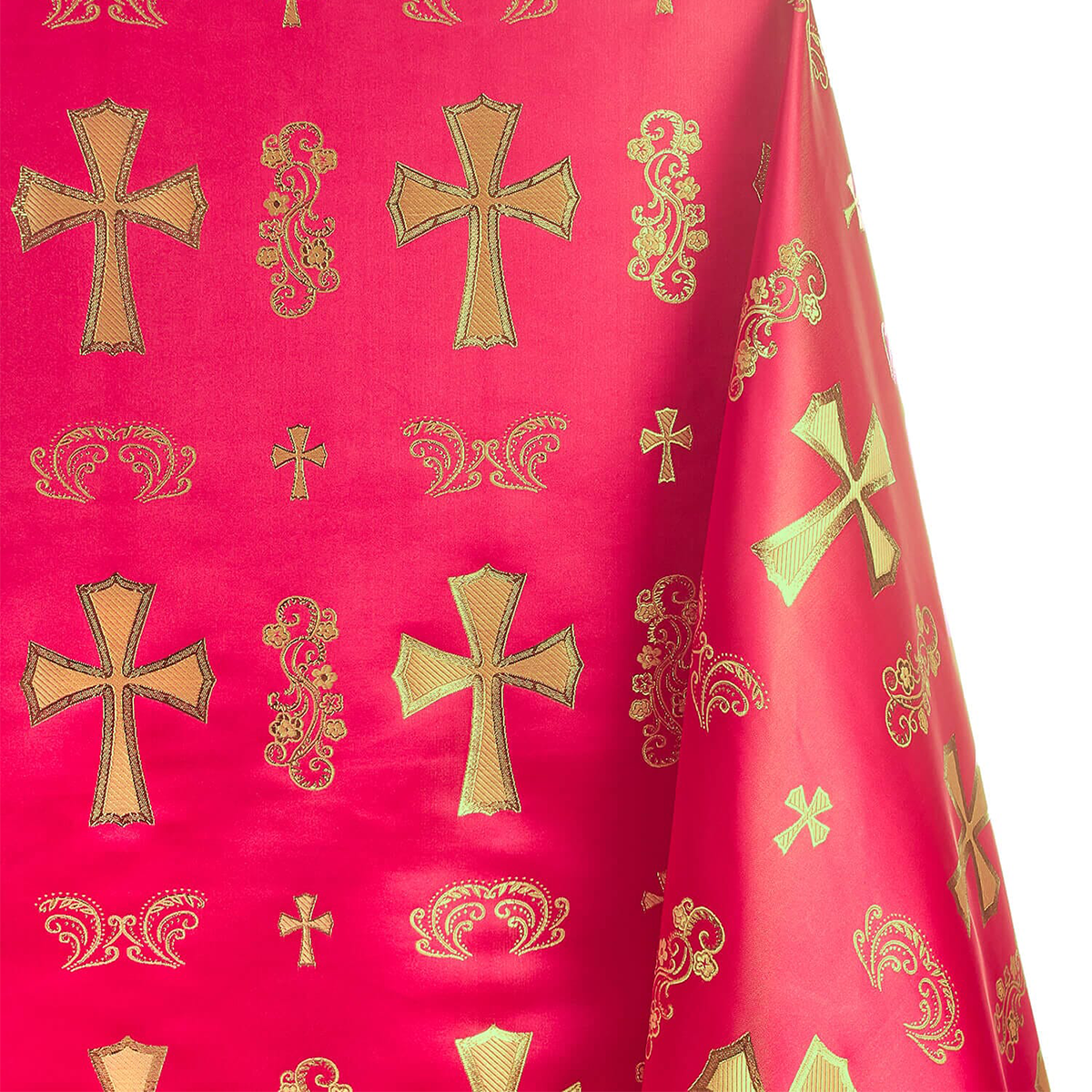 Church Clerical Cross Brocade—Composition: 41% Nylon, 36% Polyester, 23%— Red and Gold Color— 58 Inches Wide—Available  by the Yard—Nationwide Shipping