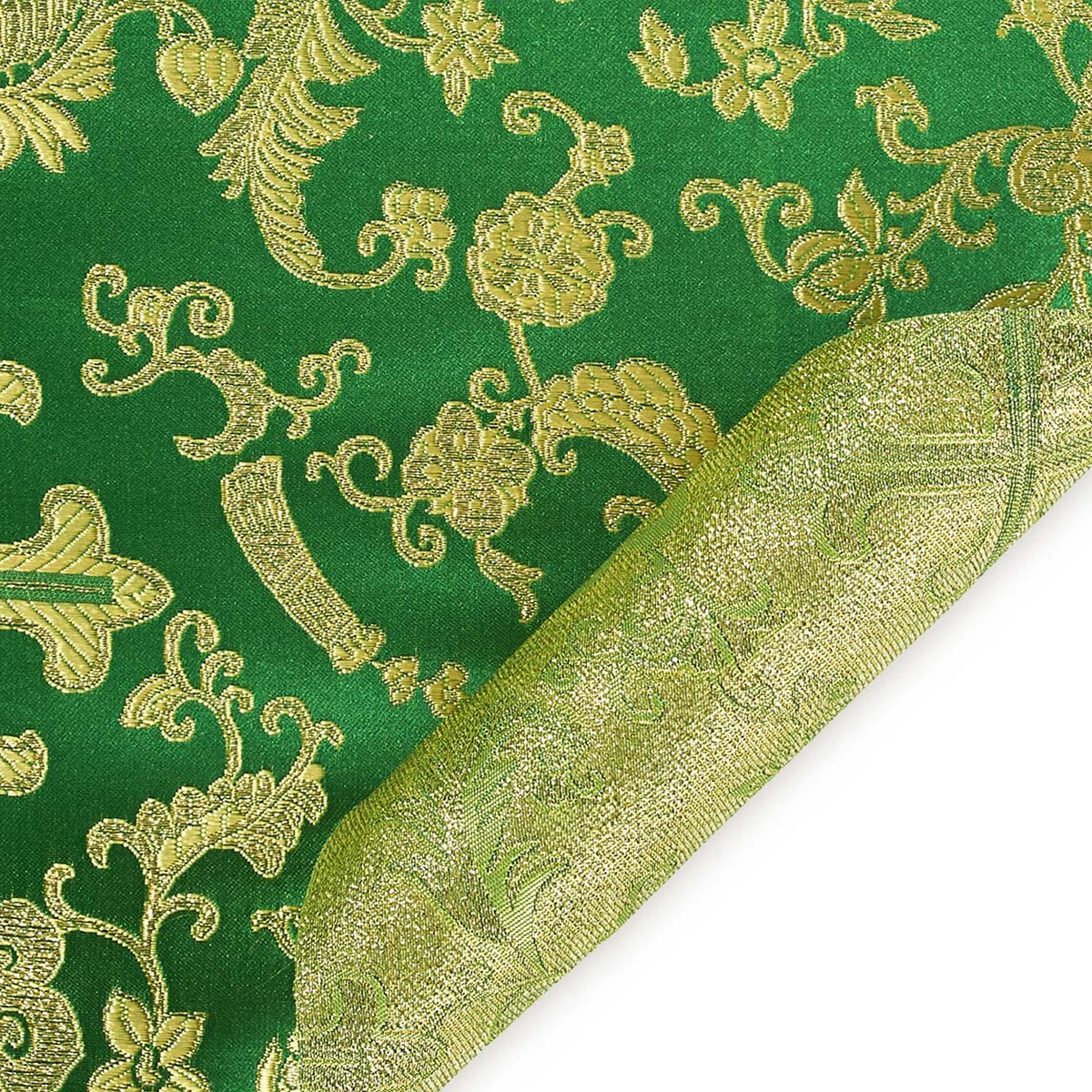 Exquisite Kelly Green / Gold Color Polyester Blend Brocade Fabric