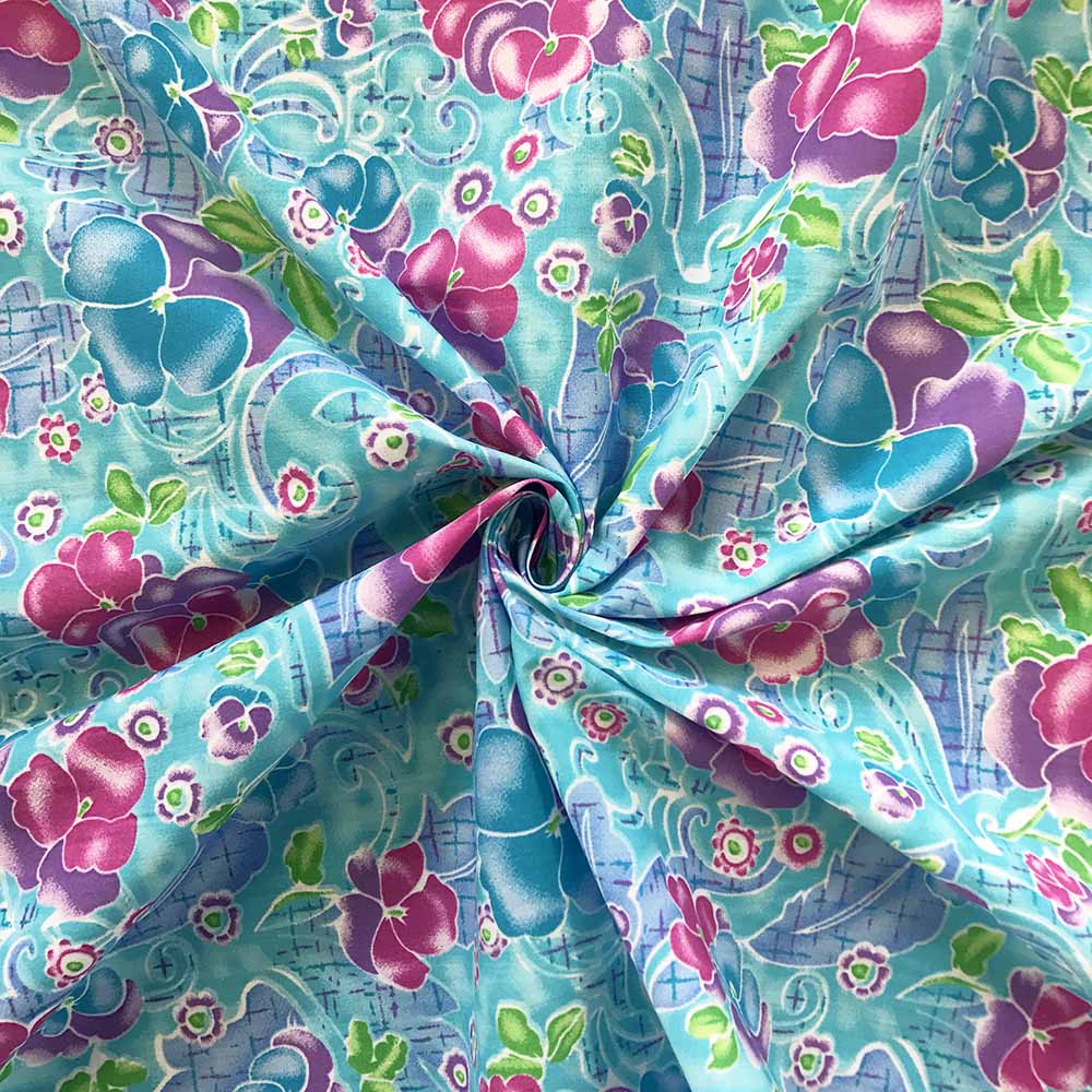 LODEN PANSY SWIRL TURQUOISE PRINT BROADCLOTH MATERIAL