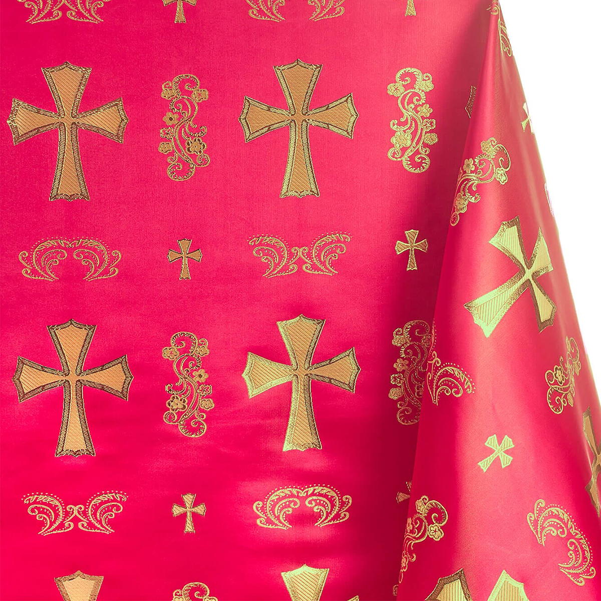 Church Clerical Cross Brocade—Composition: 41% Nylon, 36% Polyester, 23%— Red and Gold Color— 58 Inches Wide—Available  by the Yard—Nationwide Shipping