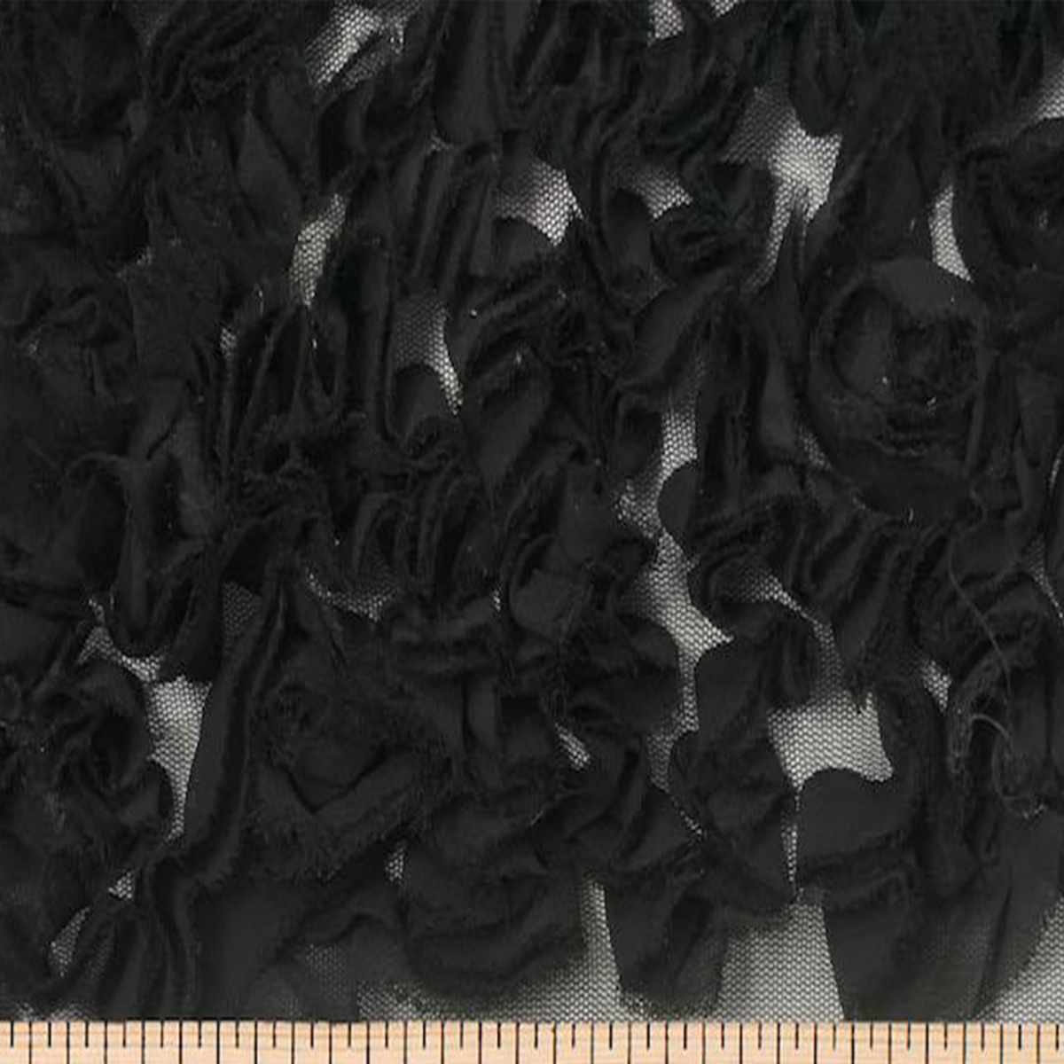 Black Daisy Ruffle Georgette Fabric – High-Quality Polyester Blend