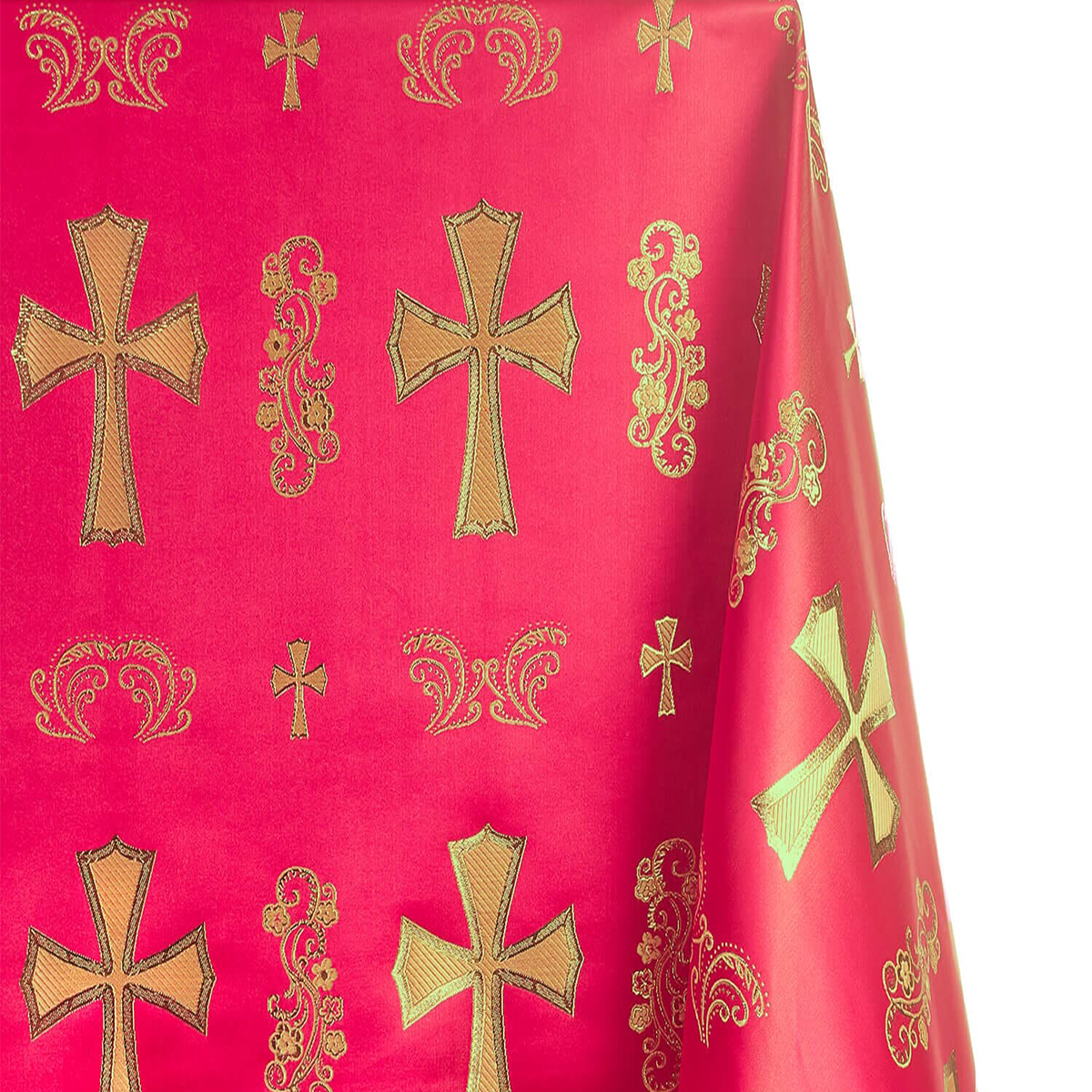 Church Clerical Cross Brocade—Composition: 41% Nylon, 36% Polyester, 23%— Red and Gold Color— 58 Inches Wide—Available  by the Yard—Nationwide Shipping