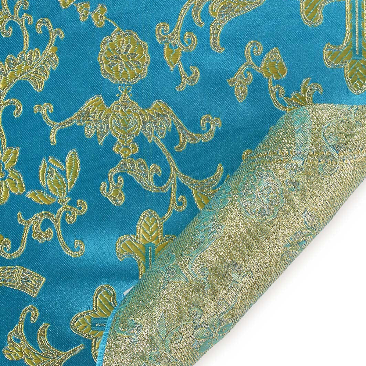 Premium Turquoise Gold Church Cross Brocade Fabric – 58 Wide
