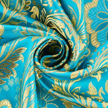 Brocade Metallic Fabric In Turquoise & Gold 58"Wide—58"Inche Wide—Multi-Purpose —Damask —Sold by the Yard