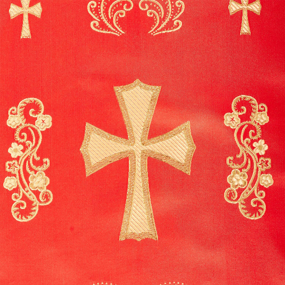 Gold cross and decorative elements on a red background | sold by Beautiful Windows Elgin