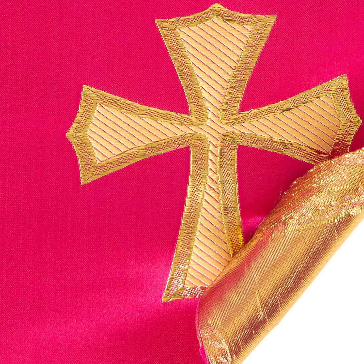 Church Clerical Cross Brocade—Composition: 41% Nylon, 36% Polyester, 23%— Red and Gold Color— 58 Inches Wide—Available  by the Yard—Nationwide Shipping