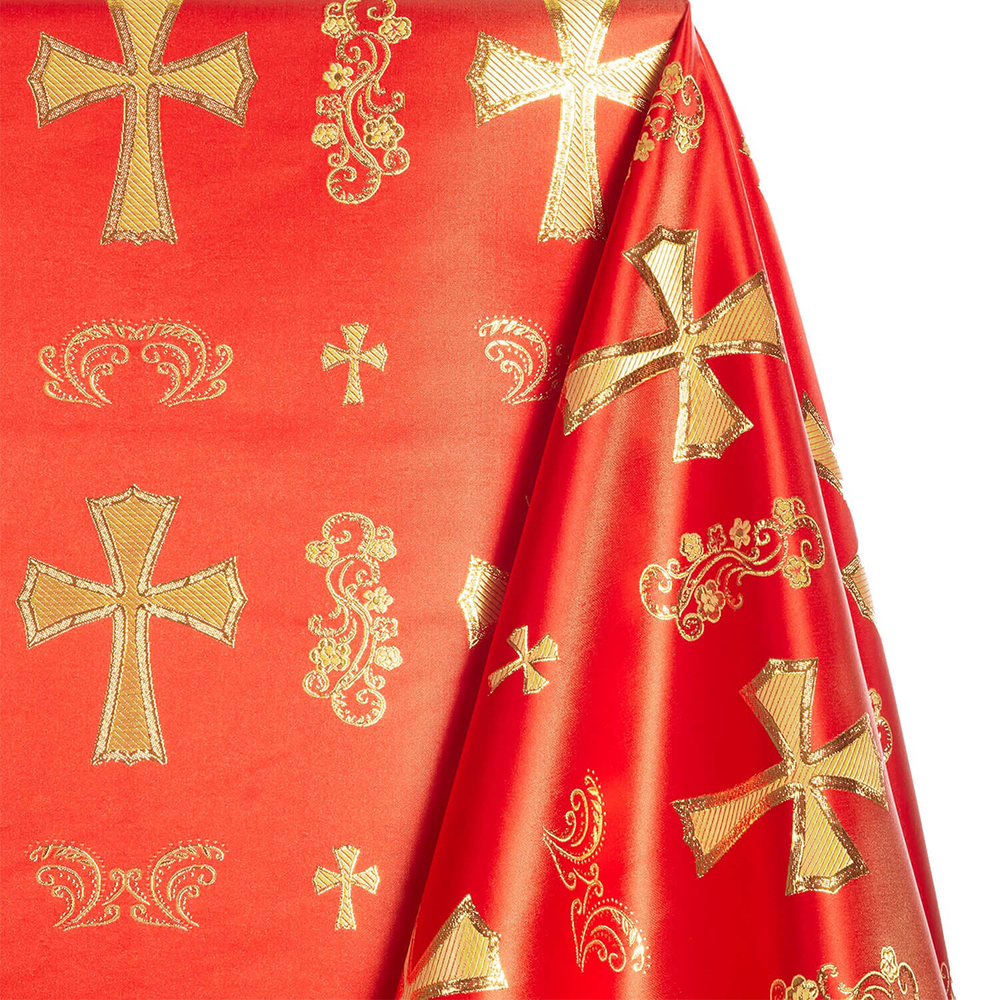 Red fabric with gold crosses and patterns | sold by Beautiful Windows Elgin