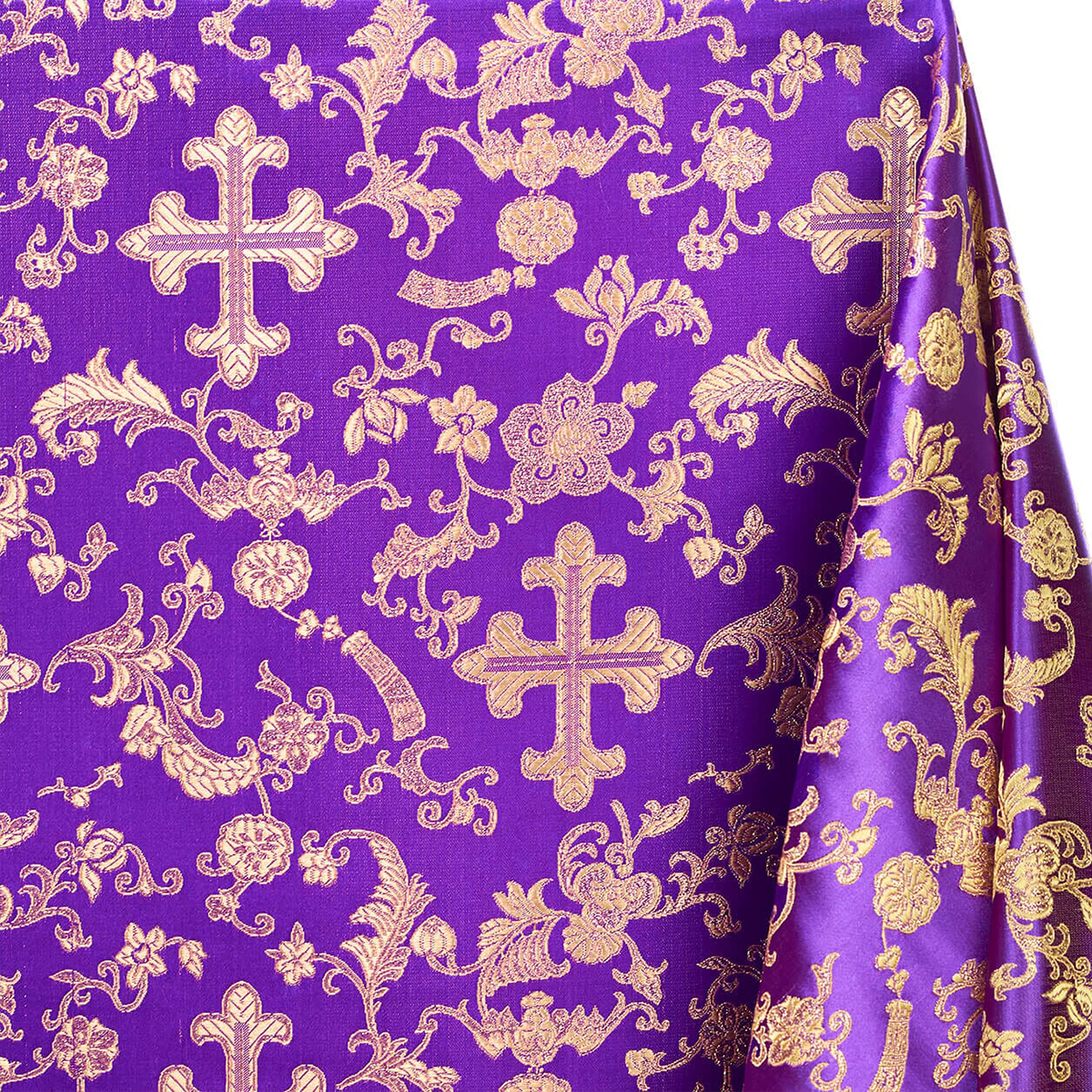 Purple Gold Church Cross Brocade – Premium Polyester – By the Yard